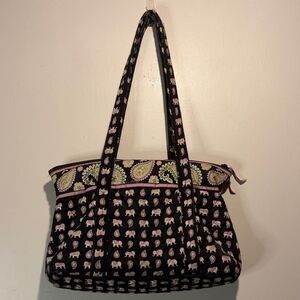 Vera Bradley- Black and Pink Elephant Print Quilted Tote Shoulder Bag Full Zip